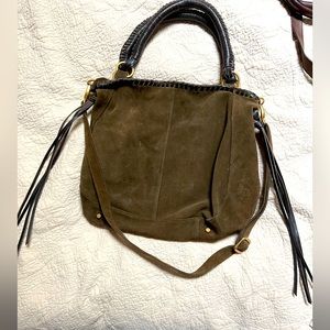 Greenish brown suede boho bag with shoulder strap, zebra lining magnetic closure
